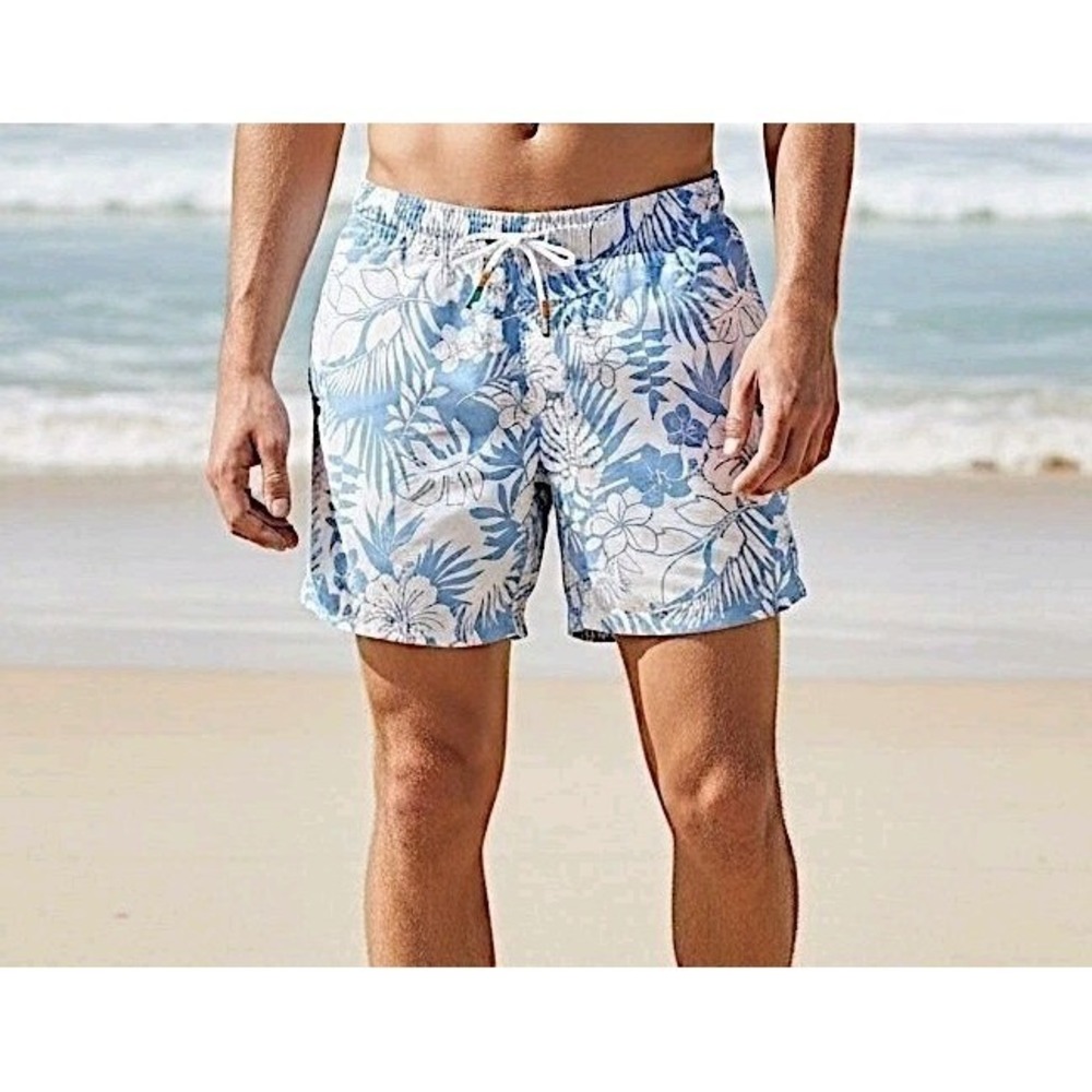 Free Planet Tropical Swim Trunks Men L White Blue Boho Vacation Hawai Palm Lined